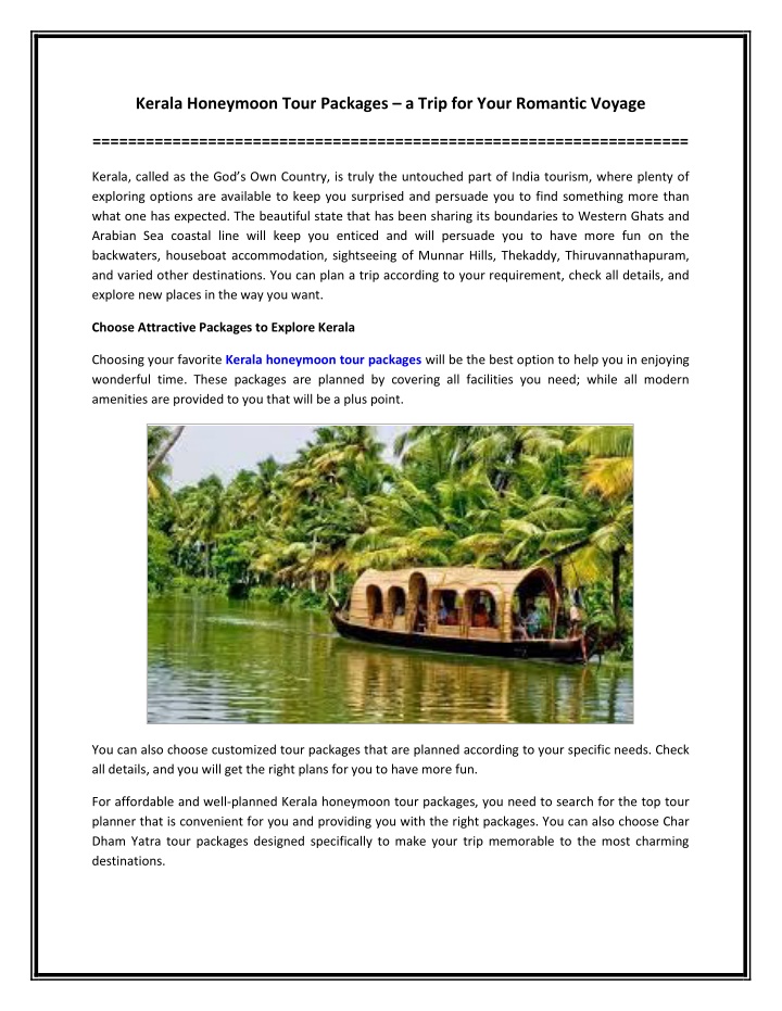 PPT - Kerala Honeymoon Tour Packages – a Trip for Your Romantic Voyage PowerPoint Presentation - ID:11508696