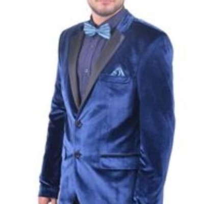 Navy ~ Midnight Blue Fitted Men's Velvet Tuxedo Jacket Blazer Suit Satin Collared Sport Coat -  Profile Picture