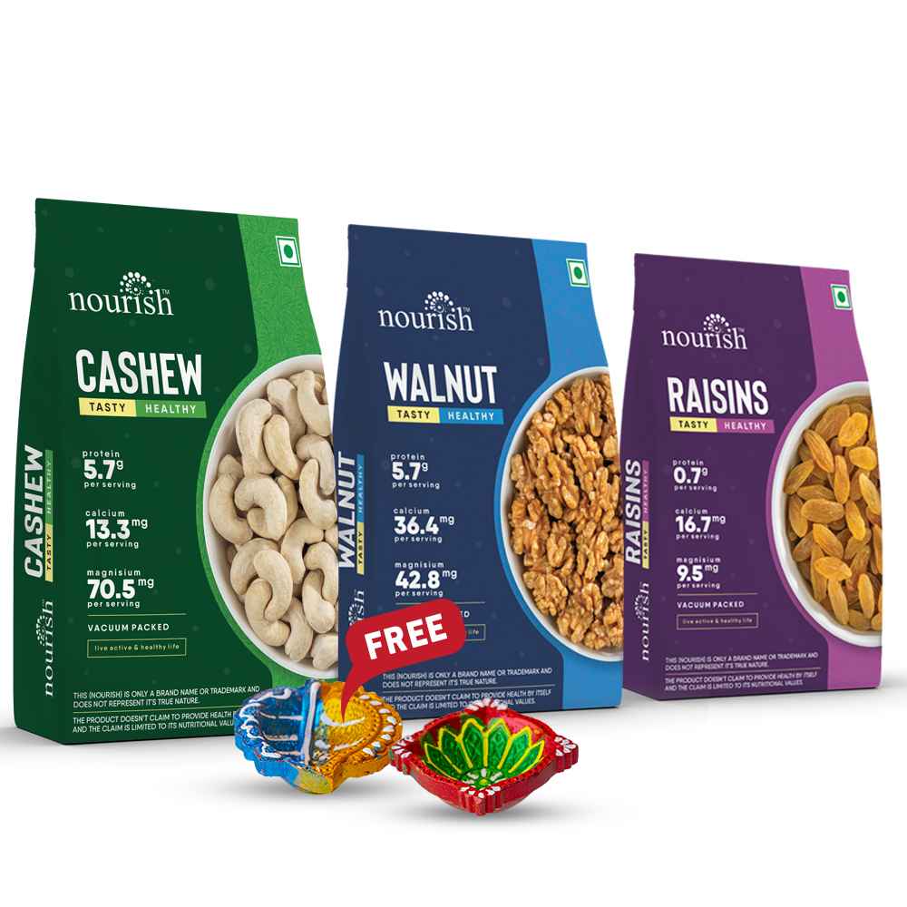 Festive Offer: Cashew, Walnut, Raisins Pack with Festive Diyas