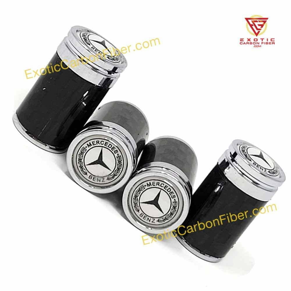 Mercedes Benz Valve Caps Star and Text on White - Exotic Carbon Fiber